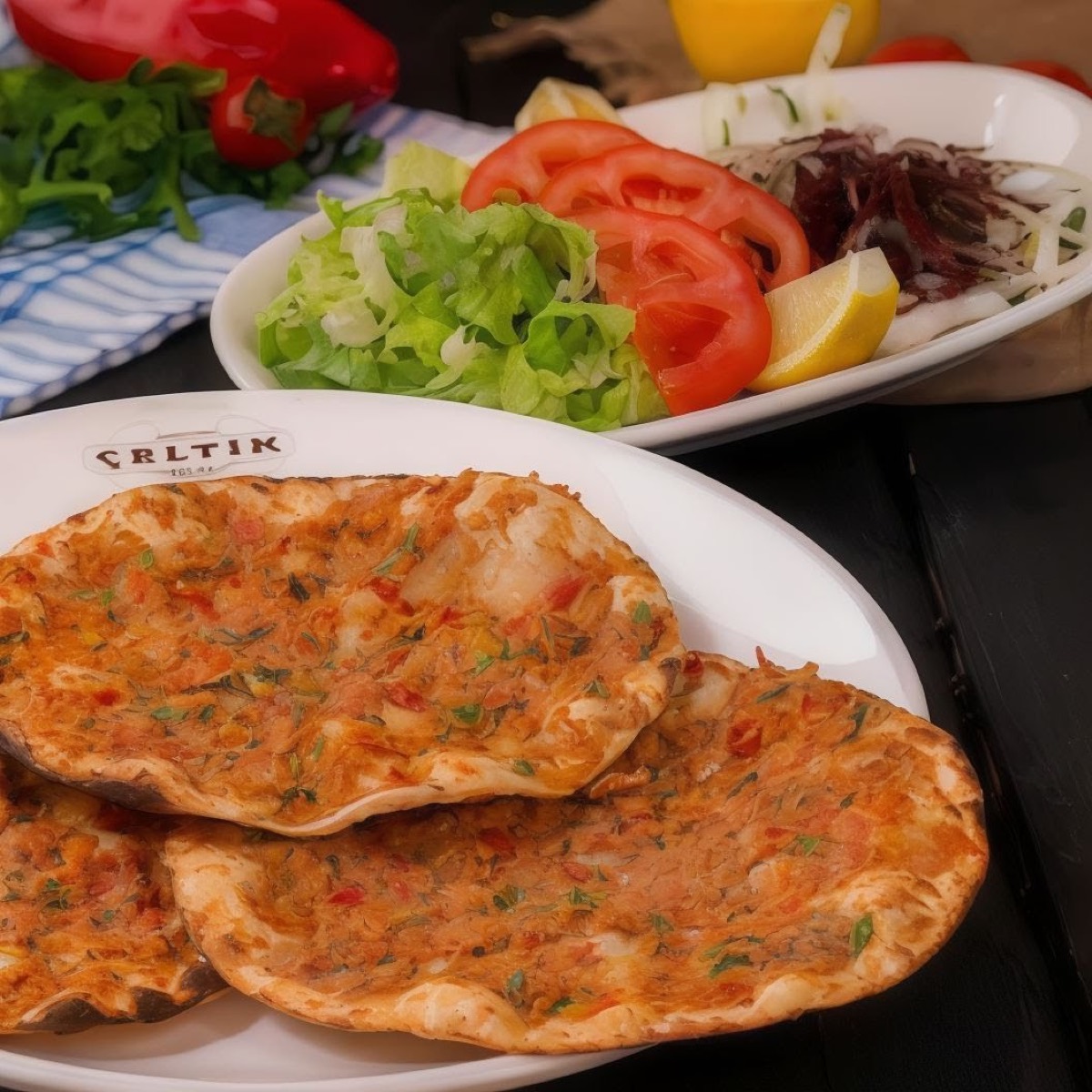 Lahmacunlar ve yanında bol yeşillikli salata