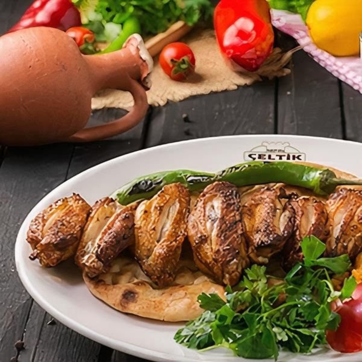 Izgara tavuk kanat; lavaş üzerinde, közlenmiş biberle